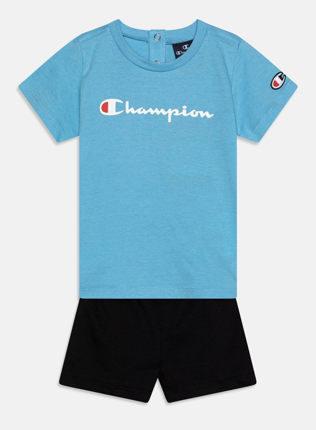 Camiseta de bebê campeão e shorts e shorts turquesa